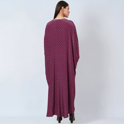 Magenta Honeycomb Print Silk Full Length Kaftan with Butterfly Motif