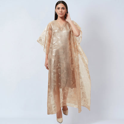Gold Floral Embossed Organza Full Length Kaftan with Satin Slip