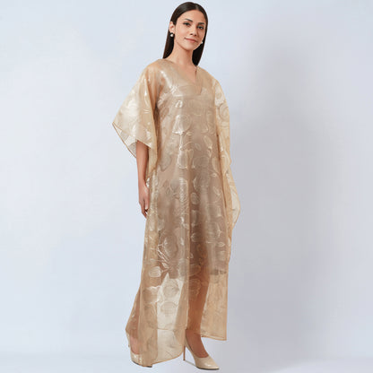 Gold Floral Embossed Organza Full Length Kaftan with Satin Slip