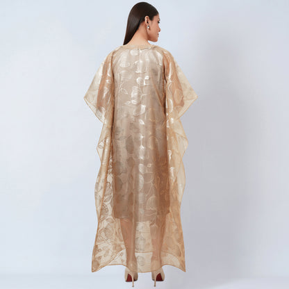 Gold Floral Embossed Organza Full Length Kaftan with Satin Slip