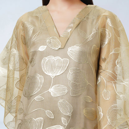 Gold Floral Embossed Organza Full Length Kaftan with Satin Slip