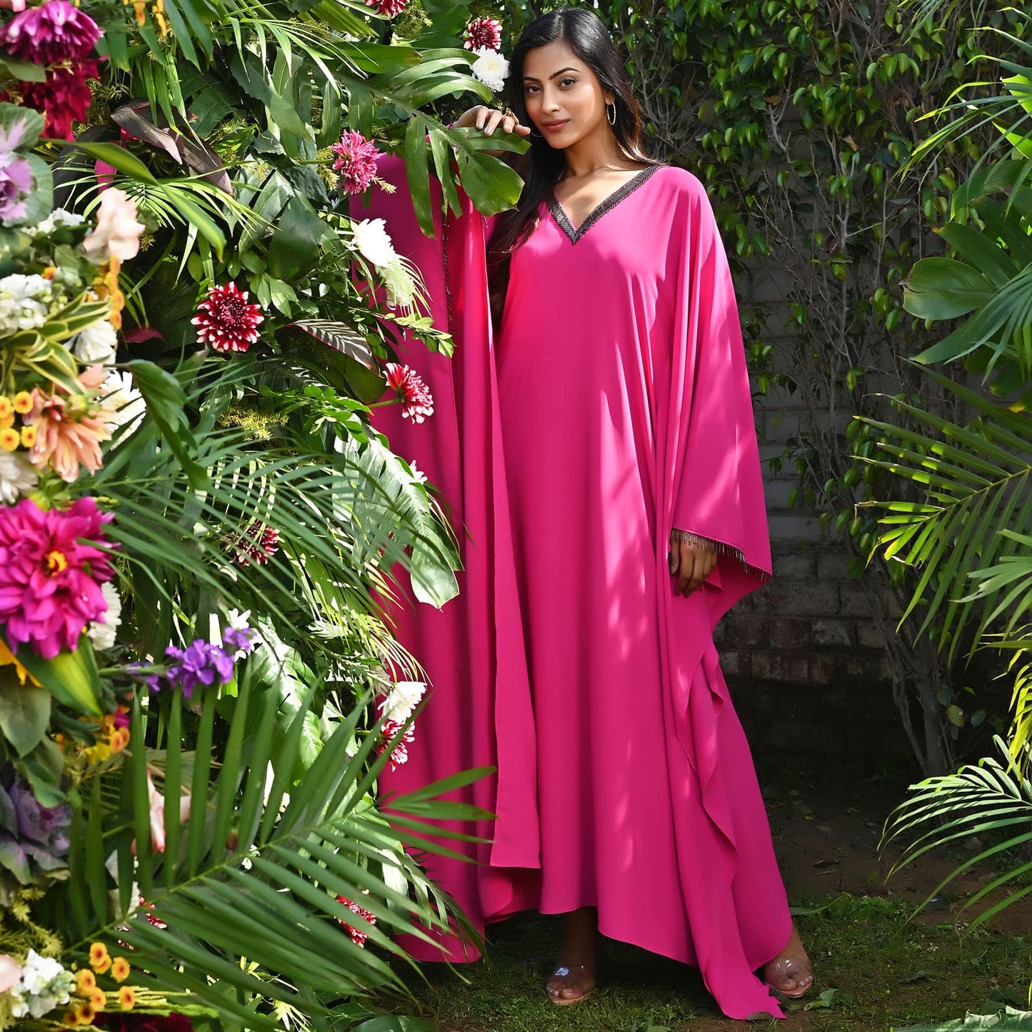 Bright Pink Embroidered Neckline Full Length Kaftan with Belt
