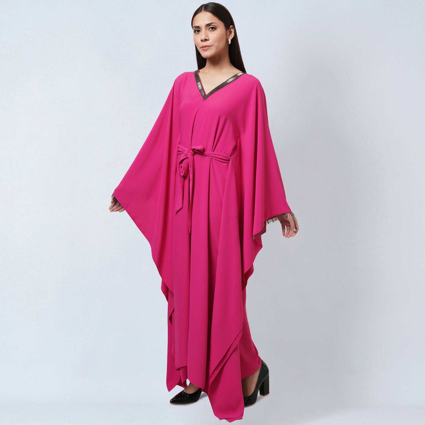 Bright Pink Embroidered Neckline Full Length Kaftan with Belt