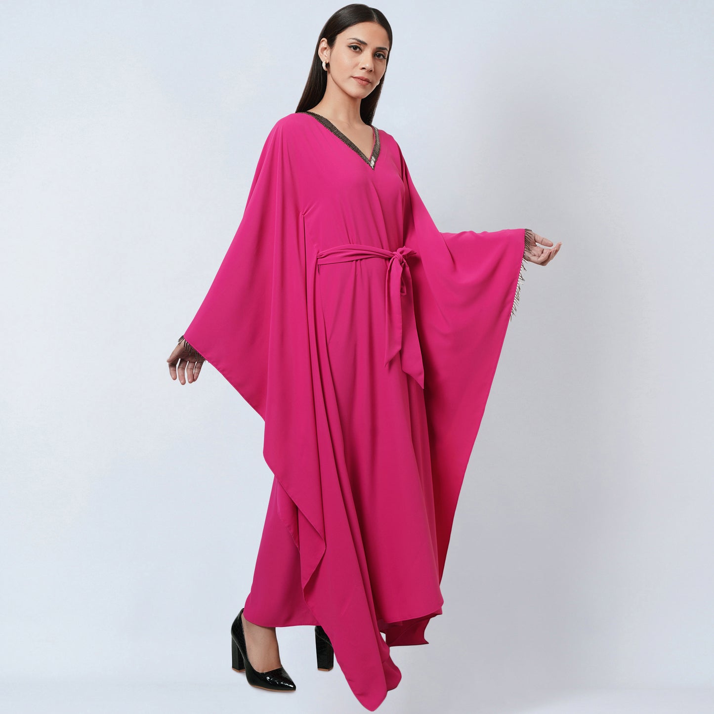 Bright Pink Embroidered Neckline Full Length Kaftan with Belt