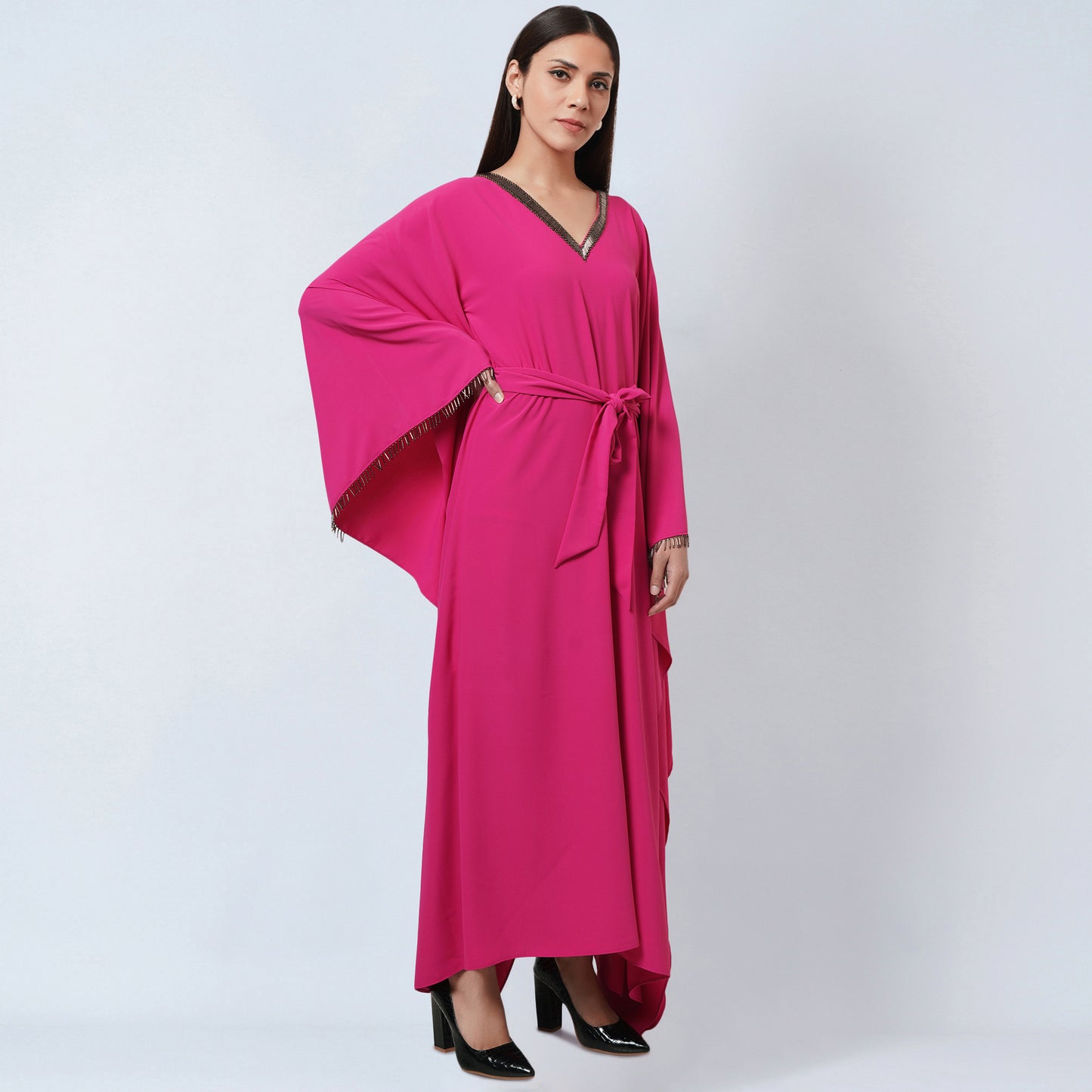 Bright Pink Embroidered Neckline Full Length Kaftan with Belt
