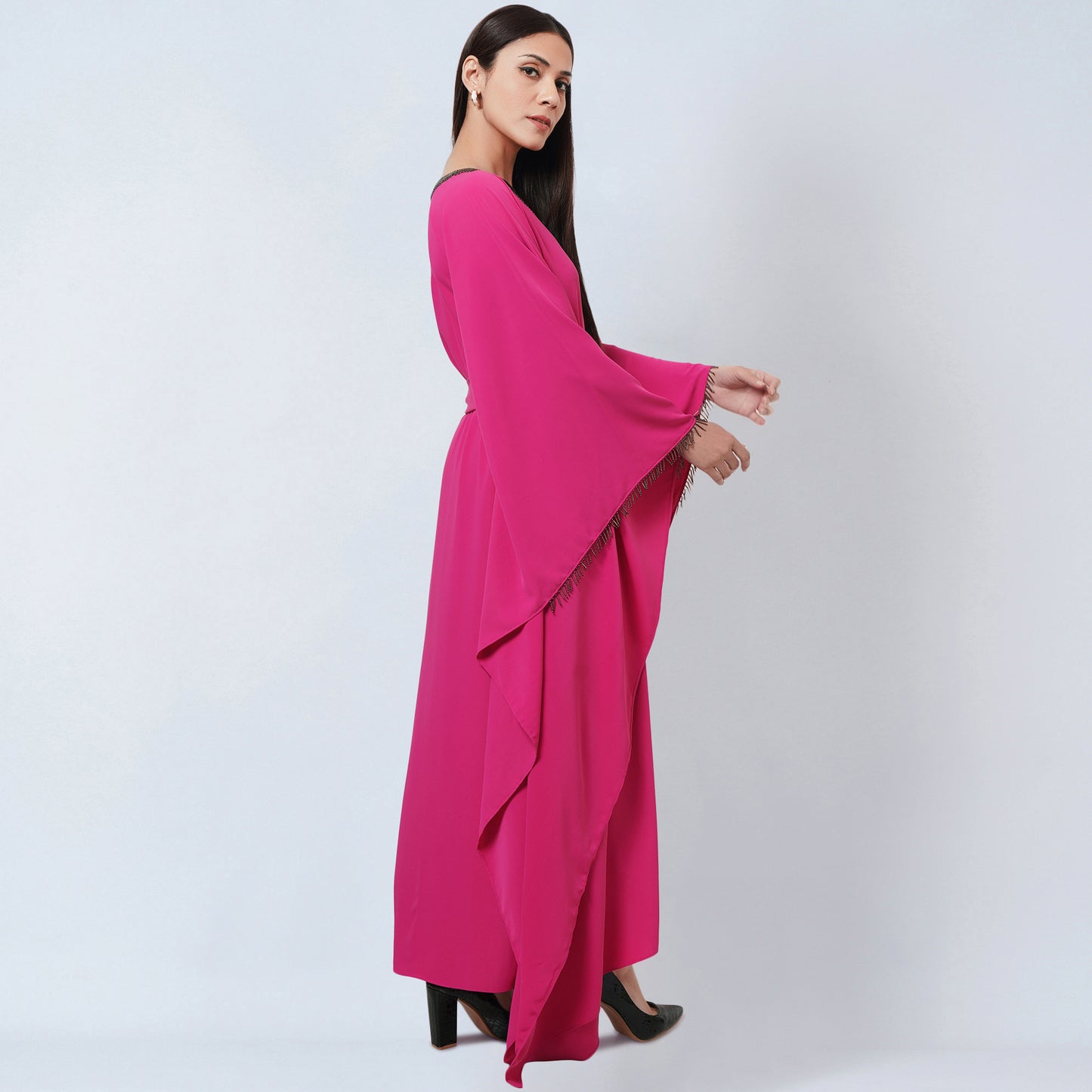 Bright Pink Embroidered Neckline Full Length Kaftan with Belt