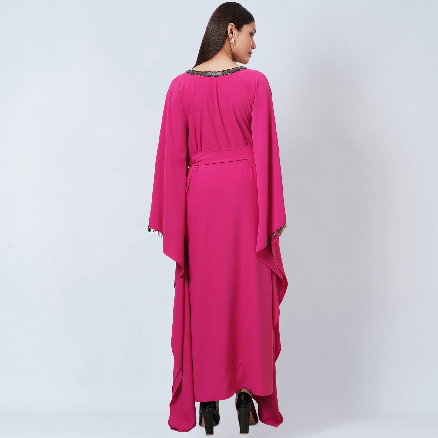Bright Pink Embroidered Neckline Full Length Kaftan with Belt