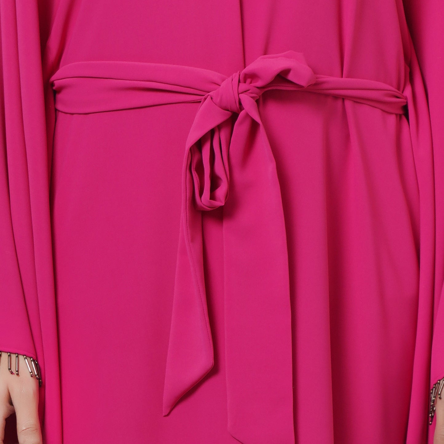 Bright Pink Embroidered Neckline Full Length Kaftan with Belt
