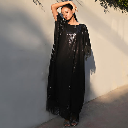 Black Sequin Full Length Kaftan with Fringe Detail