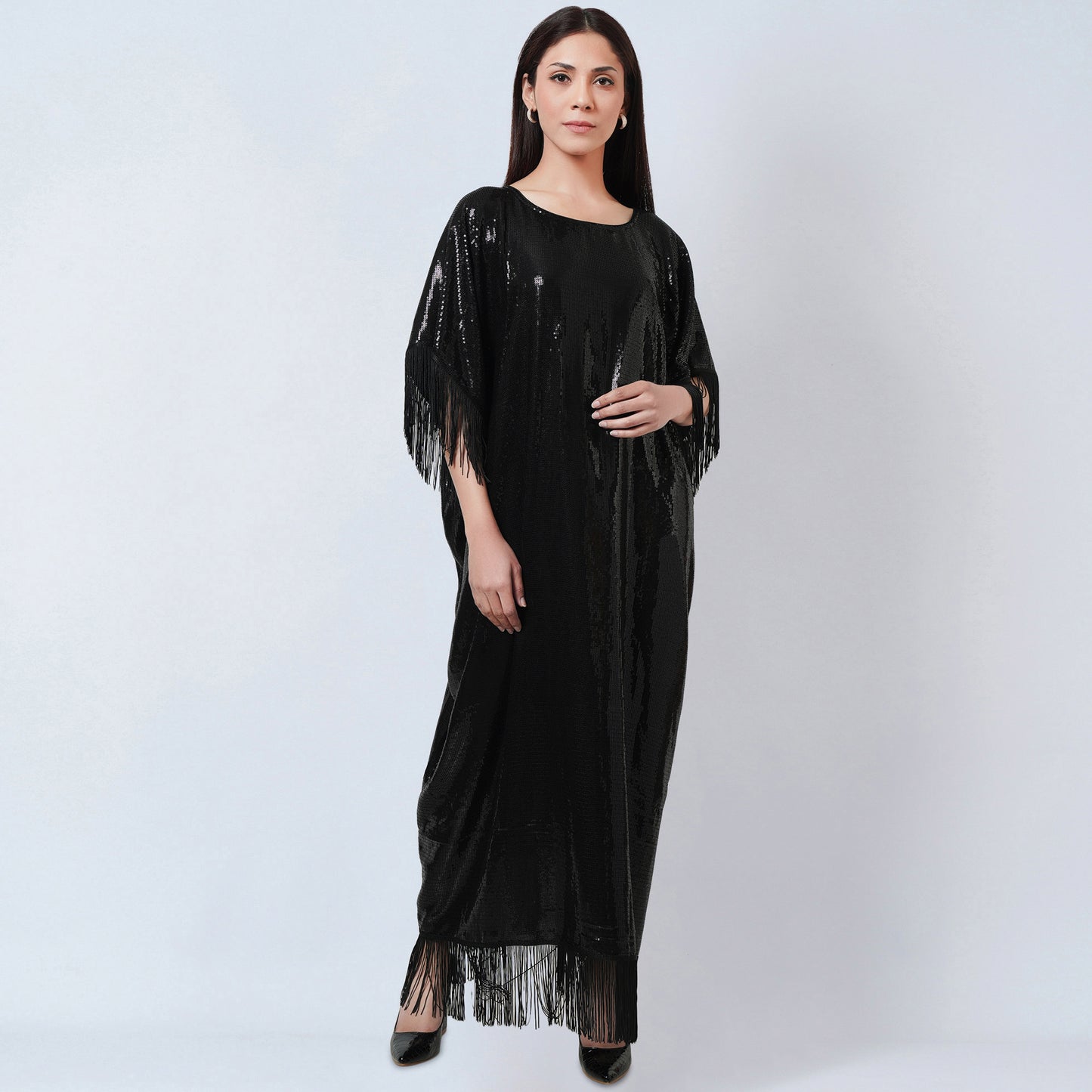 Black Sequin Full Length Kaftan with Fringe Detail