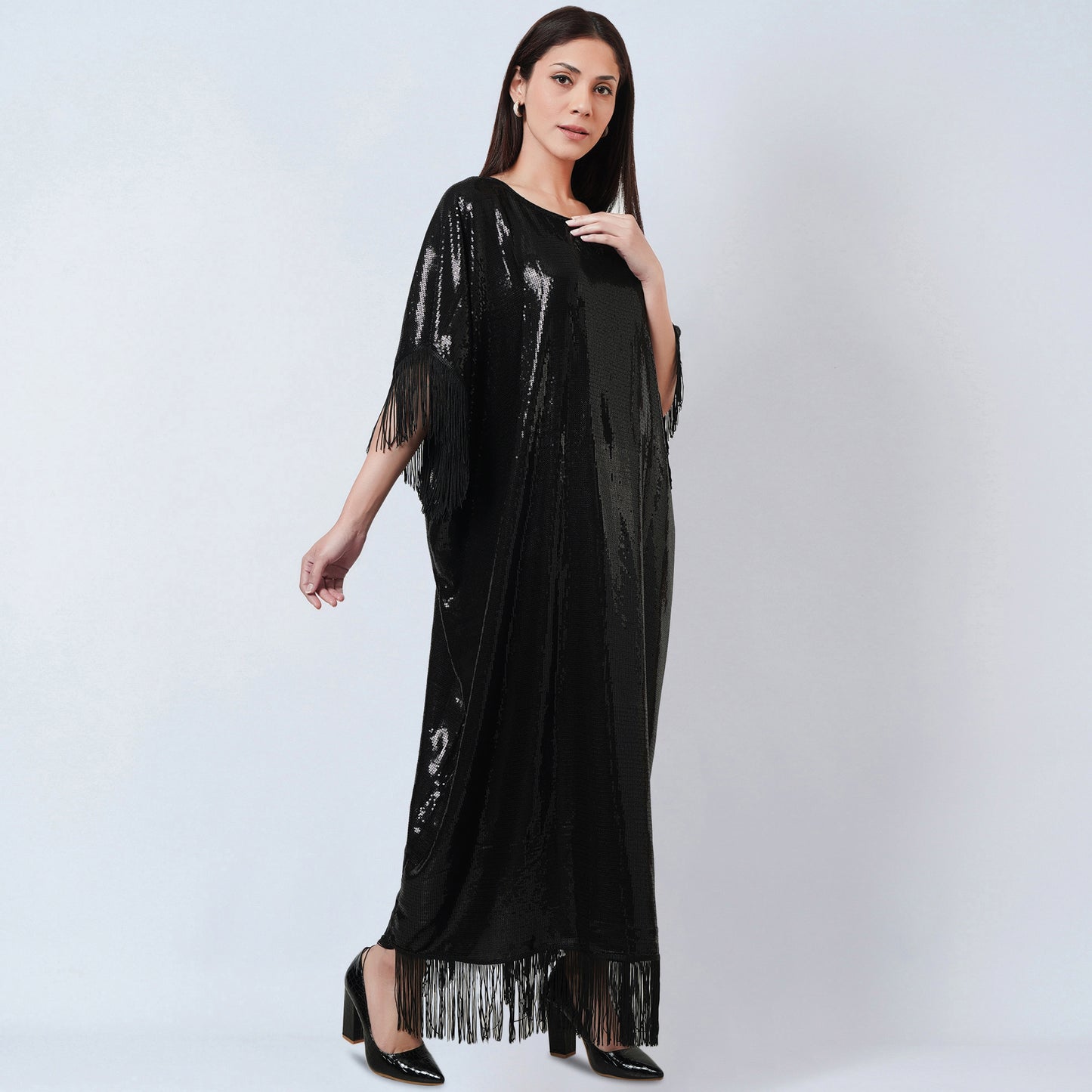 Black Sequin Full Length Kaftan with Fringe Detail