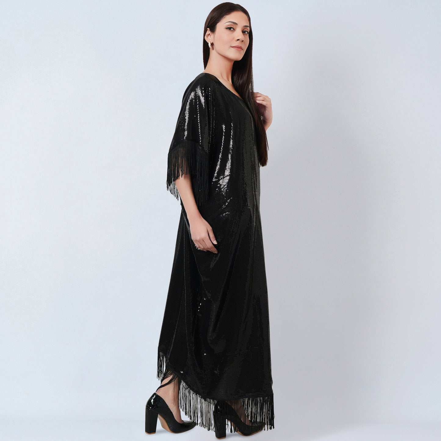 Black Sequin Full Length Kaftan with Fringe Detail