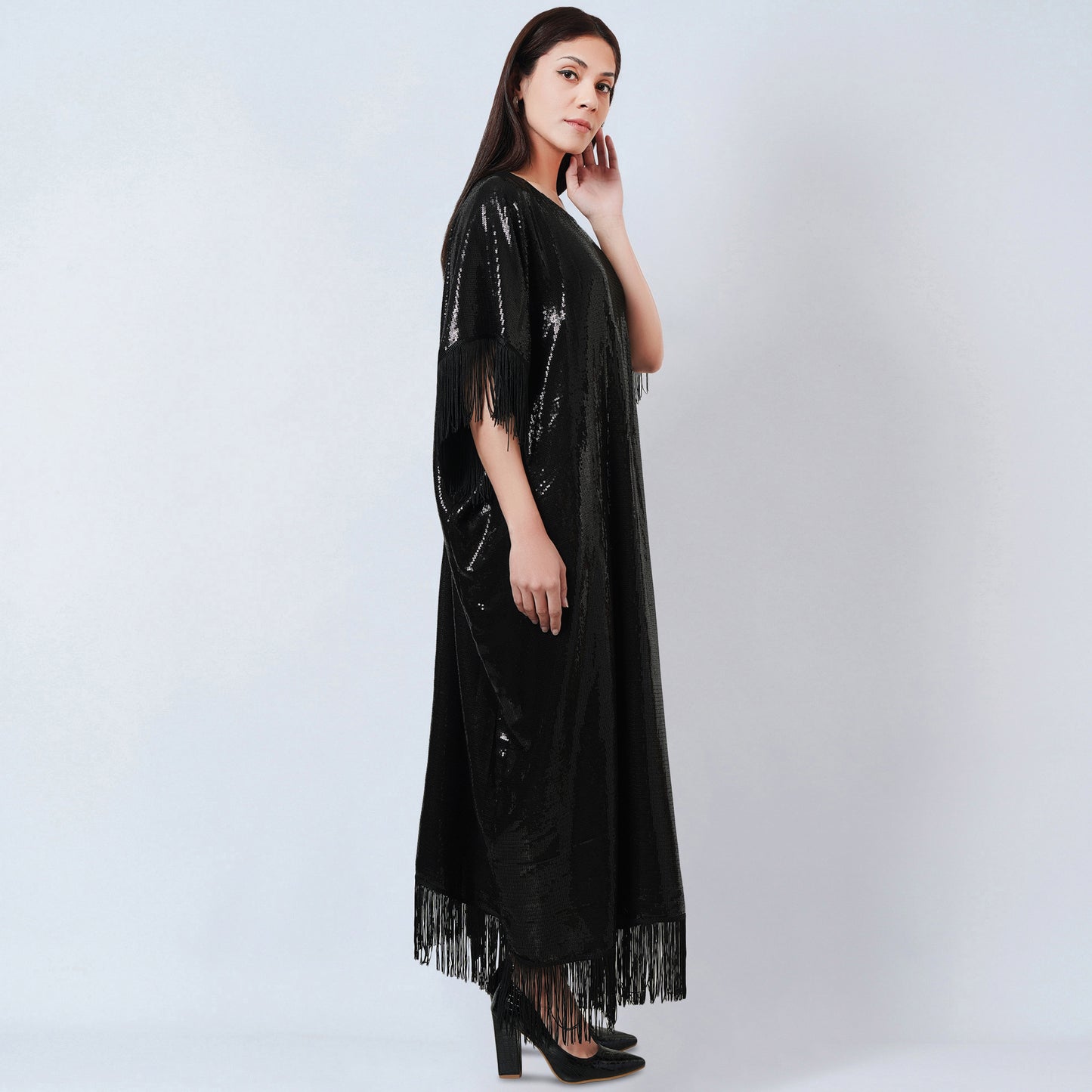 Black Sequin Full Length Kaftan with Fringe Detail