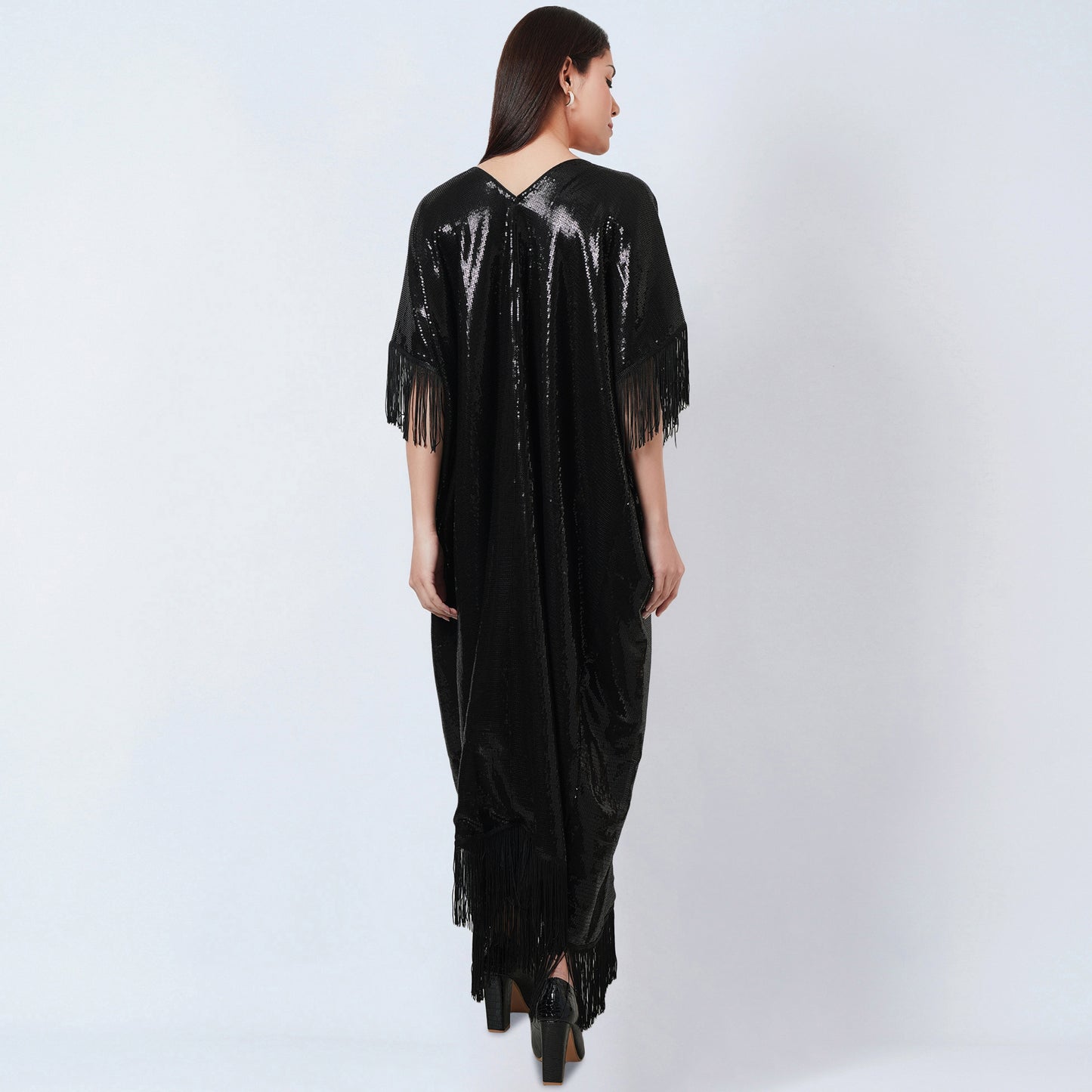 Black Sequin Full Length Kaftan with Fringe Detail