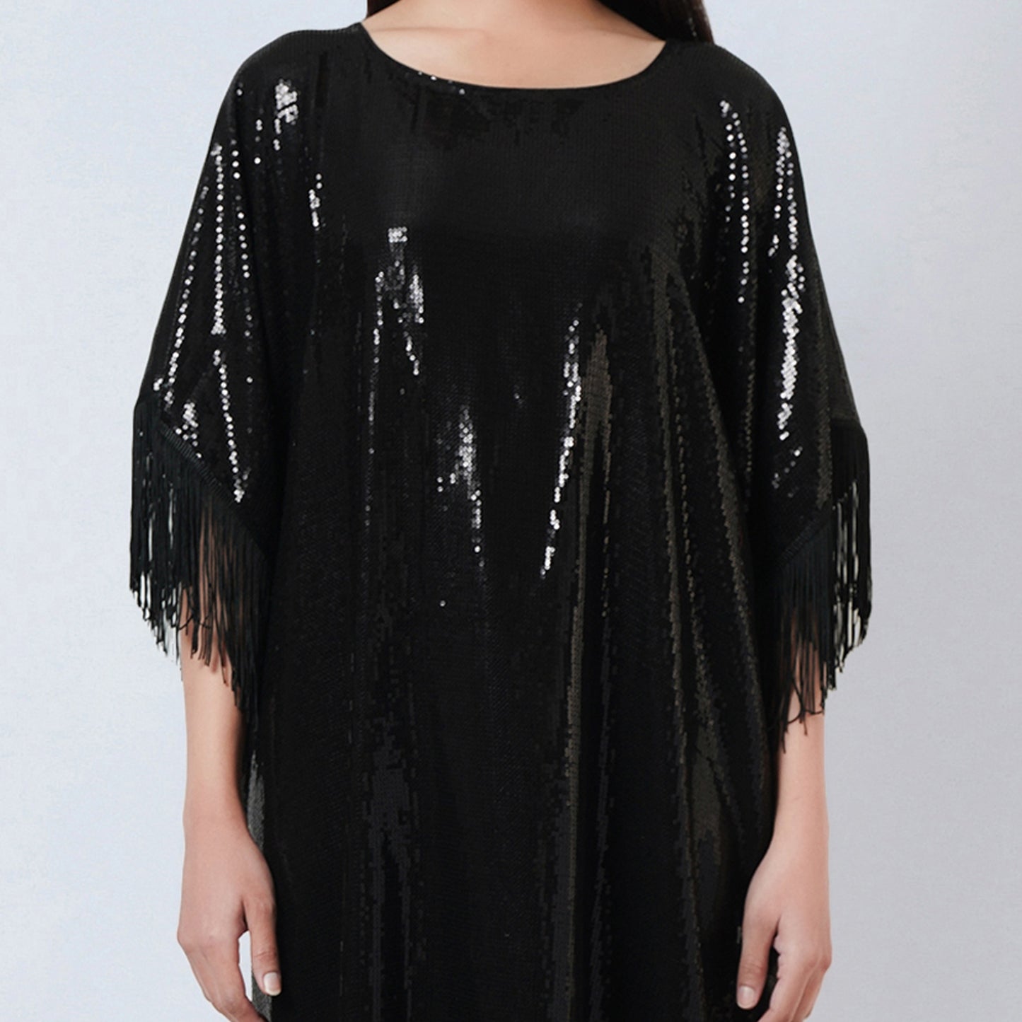 Black Sequin Full Length Kaftan with Fringe Detail