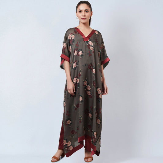 Green and Maroon Floral Kaftan