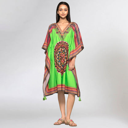 Green Tribal Embellished Mid Length Kaftan