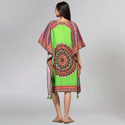 Green Tribal Embellished Mid Length Kaftan