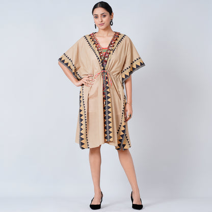 Brown Tribal Mid Length Kaftan with Mirror Lace