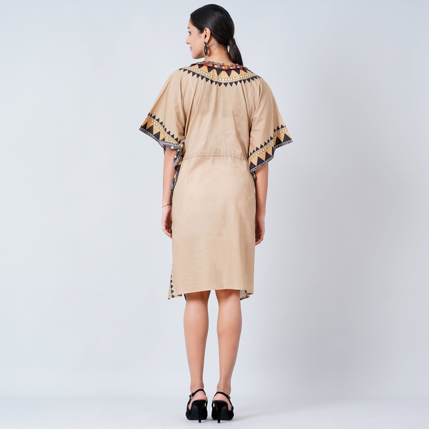 Brown Tribal Mid Length Kaftan with Mirror Lace