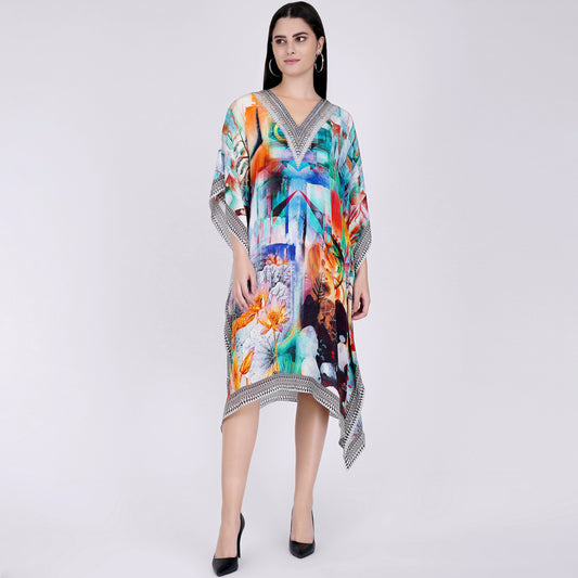 Blue and Orange Abstract Mid Length Kaftan