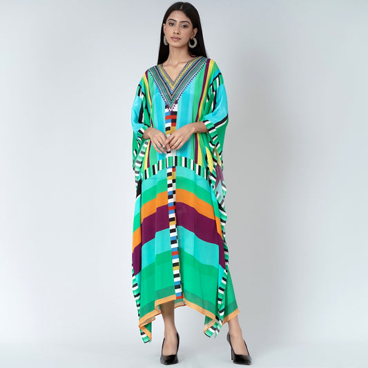 Blue and Green Geometric Mid Length Kaftan