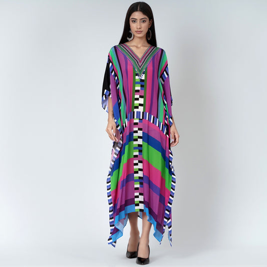 Purple and Green Geometric Mid Length Kaftan