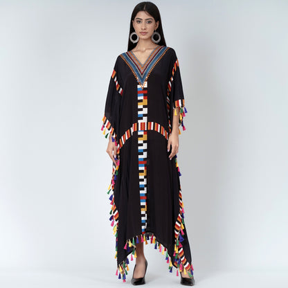 Black Geometric Mid Length Kaftan with Lace