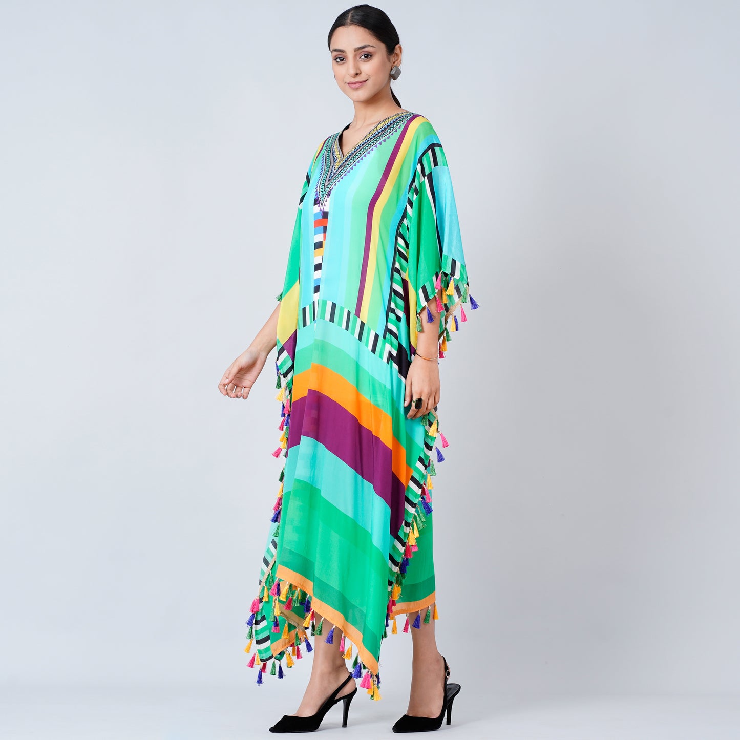 Blue and Green Geometric Mid Length Kaftan with Lace