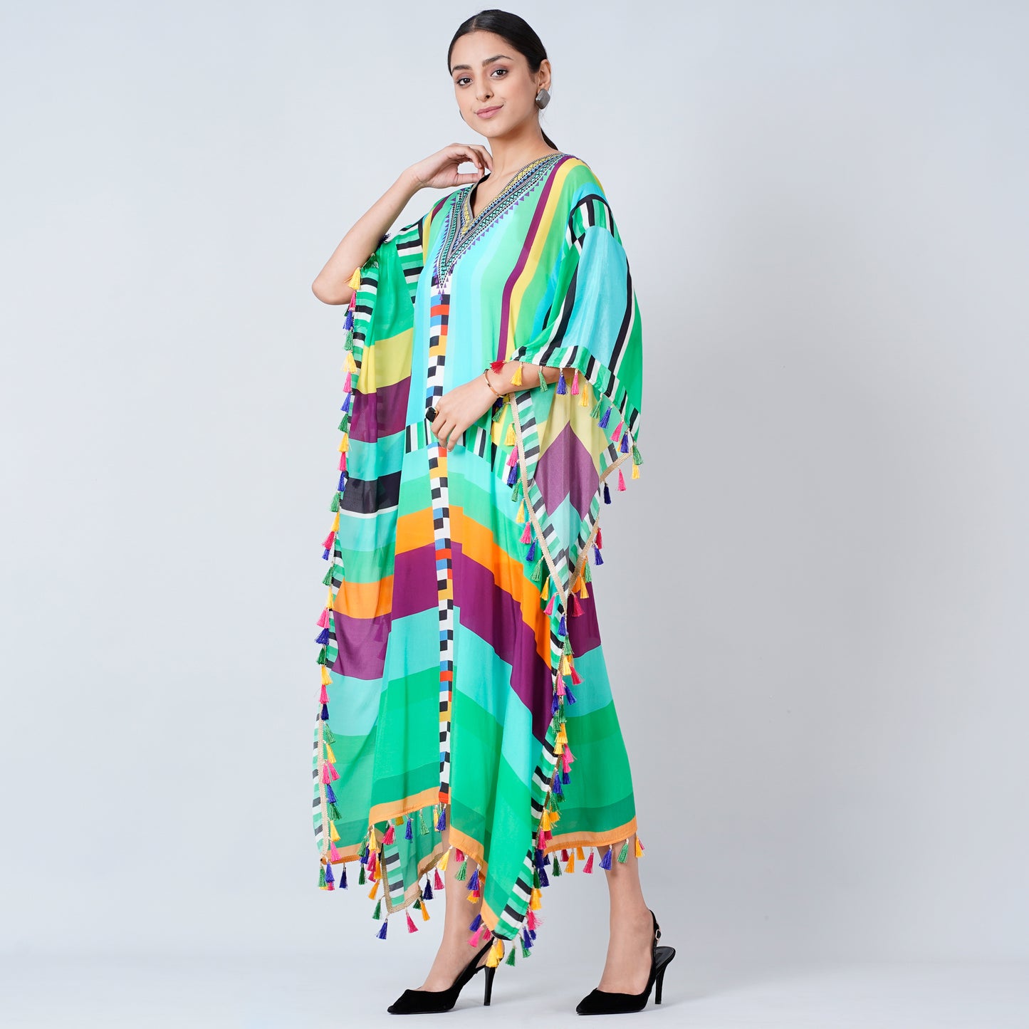 Blue and Green Geometric Mid Length Kaftan with Lace