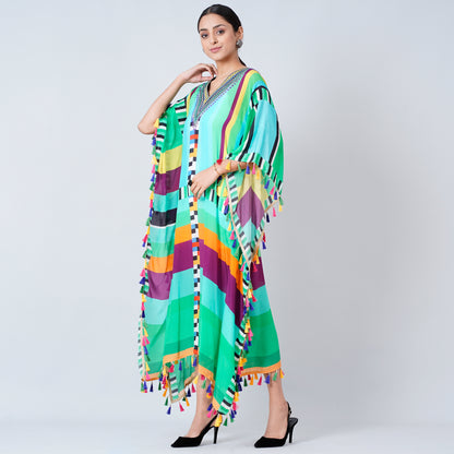 Blue and Green Geometric Mid Length Kaftan with Lace
