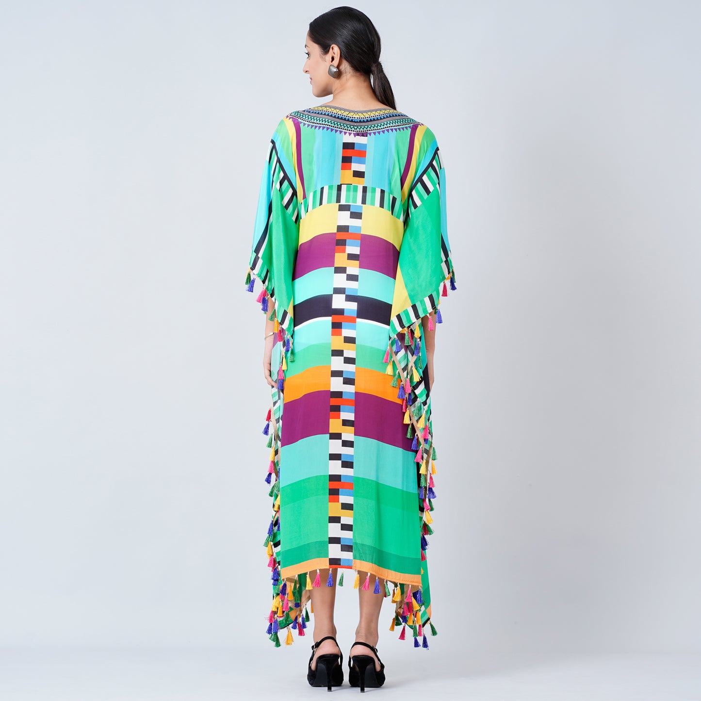 Blue and Green Geometric Mid Length Kaftan with Lace