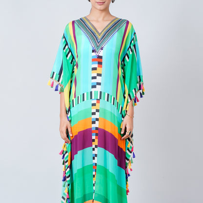 Blue and Green Geometric Mid Length Kaftan with Lace