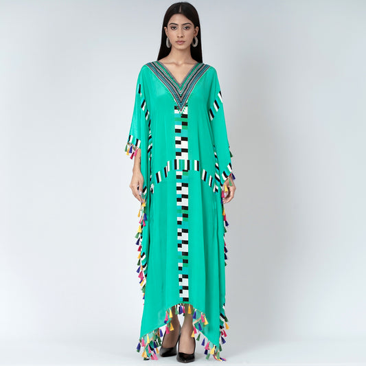 Green Geometric Mid Length Kaftan with Lace