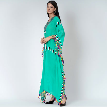 Green Geometric Mid Length Kaftan with Lace