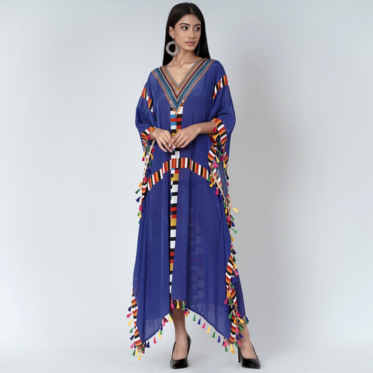 Navy Blue Geometric Mid Length Kaftan with Lace