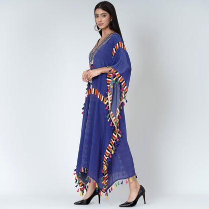 Navy Blue Geometric Mid Length Kaftan with Lace