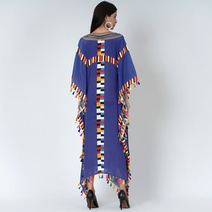 Navy Blue Geometric Mid Length Kaftan with Lace