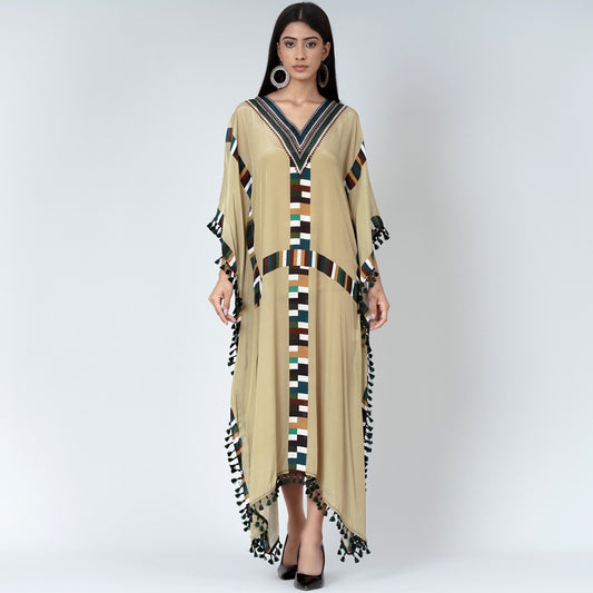 Olive Green Geometric Mid Length Kaftan with Lace