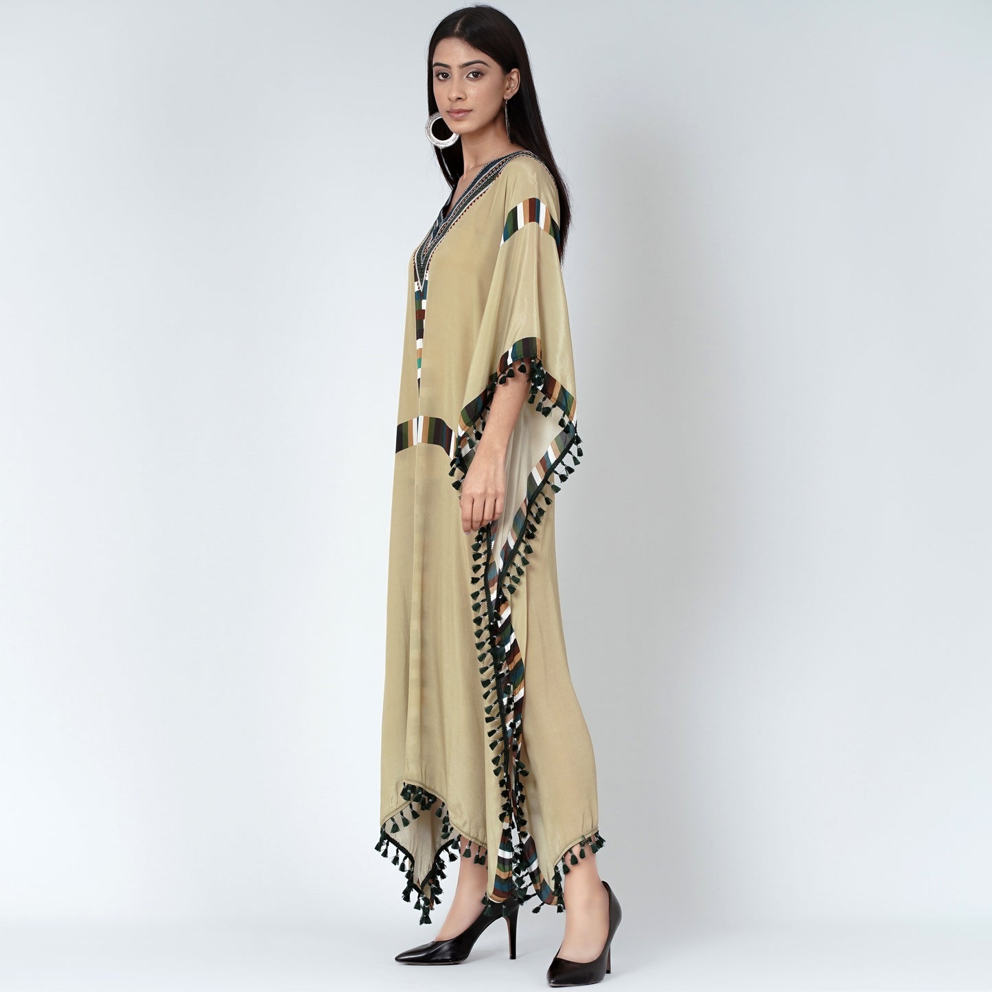 Olive Green Geometric Mid Length Kaftan with Lace