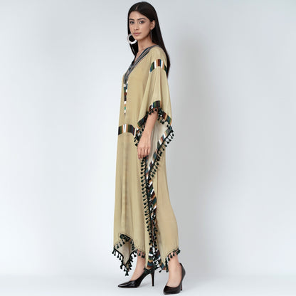 Olive Green Geometric Mid Length Kaftan with Lace