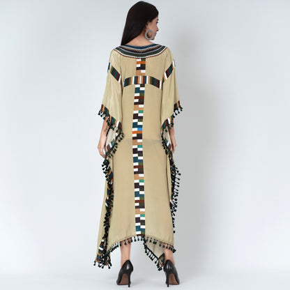 Olive Green Geometric Mid Length Kaftan with Lace