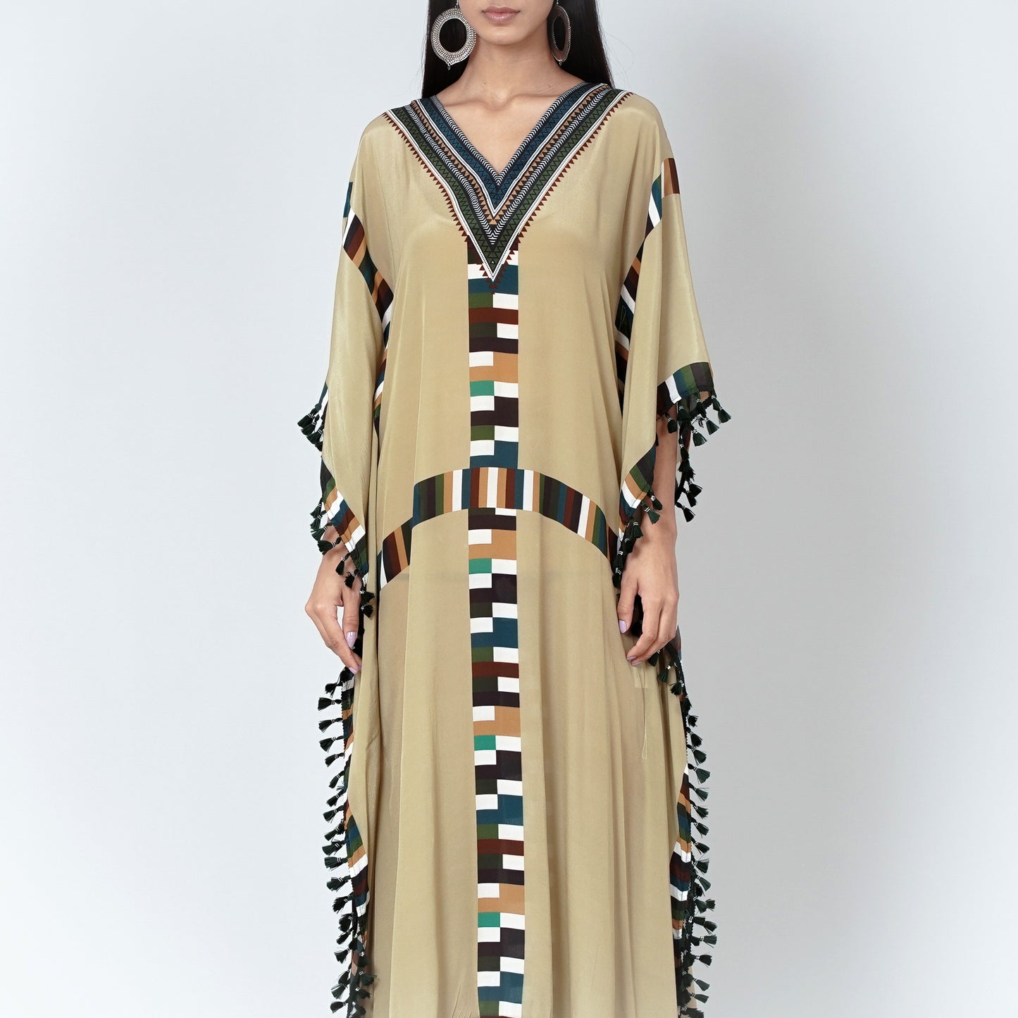Olive Green Geometric Mid Length Kaftan with Lace