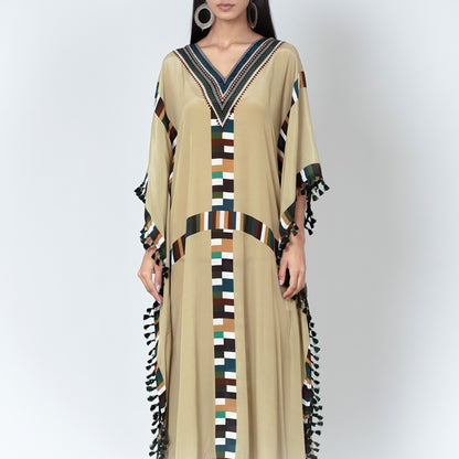 Olive Green Geometric Mid Length Kaftan with Lace
