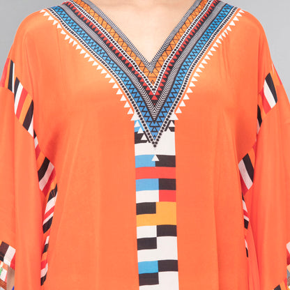 Orange Geometric Mid Length Kaftan with Lace