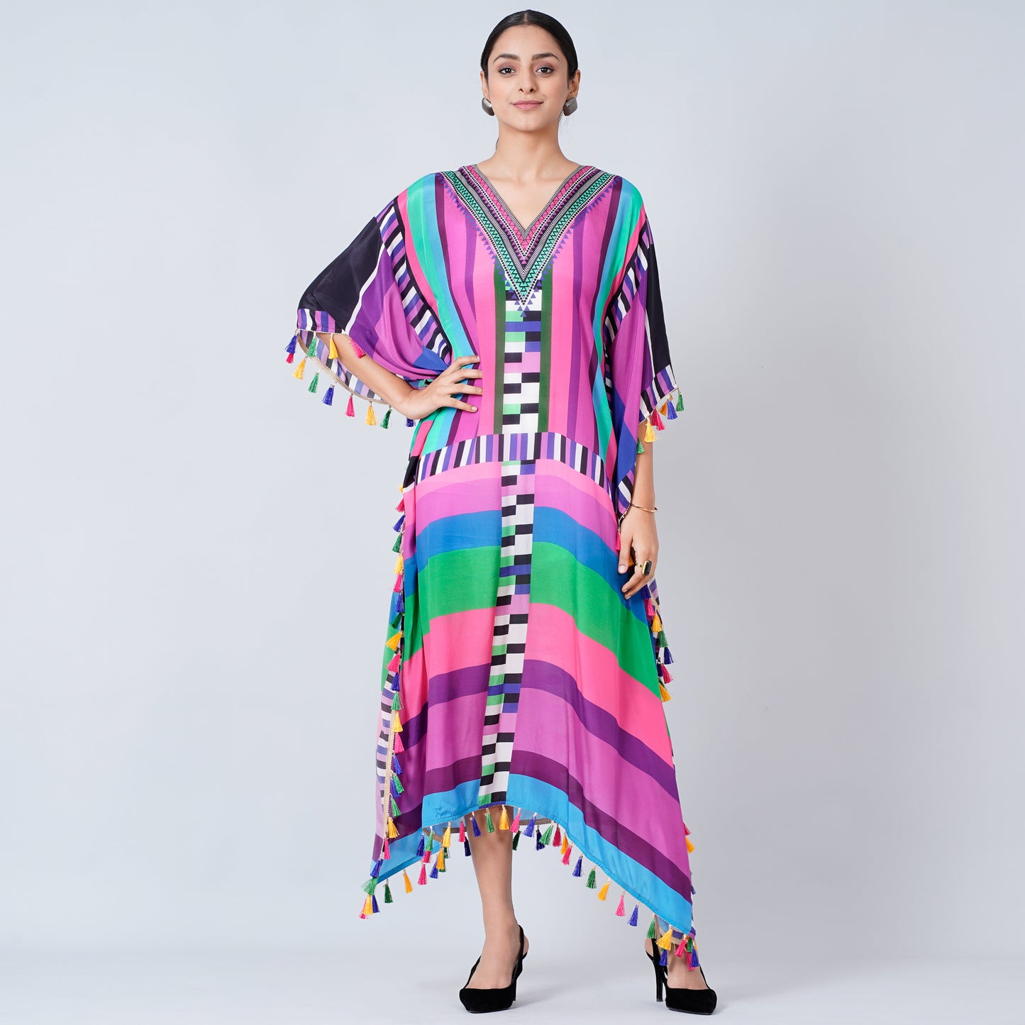 Purple and Green Geometric Mid Length Kaftan with Lace