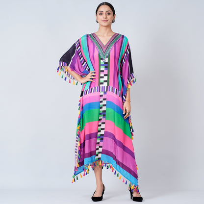 Purple and Green Geometric Mid Length Kaftan with Lace