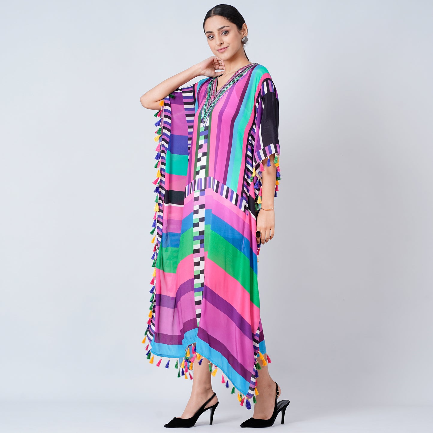 Purple and Green Geometric Mid Length Kaftan with Lace