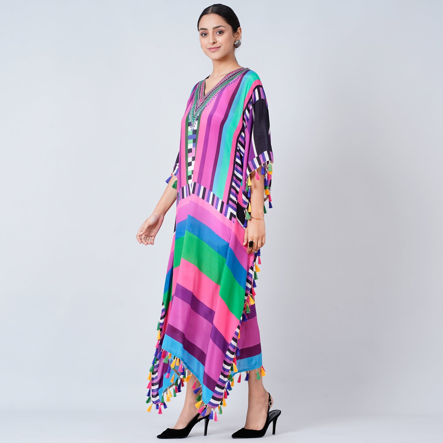 Purple and Green Geometric Mid Length Kaftan with Lace