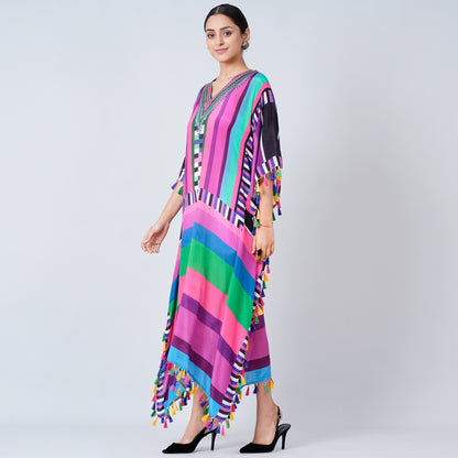 Purple and Green Geometric Mid Length Kaftan with Lace